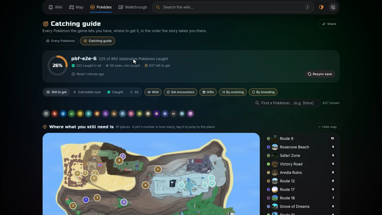 The catching guide with the Pokémon still to get and a map of where they are
