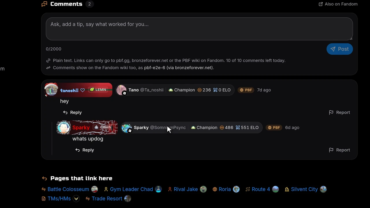 Comments on the Silvent Gym page, each with the author's Roblox card next to their name