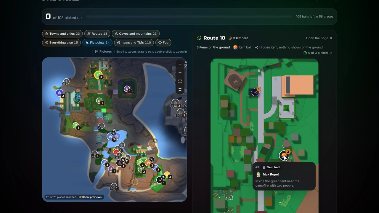 Route 10 opened from its pin: a map of the route with each item marked, and a Max Repel shown with where to find it