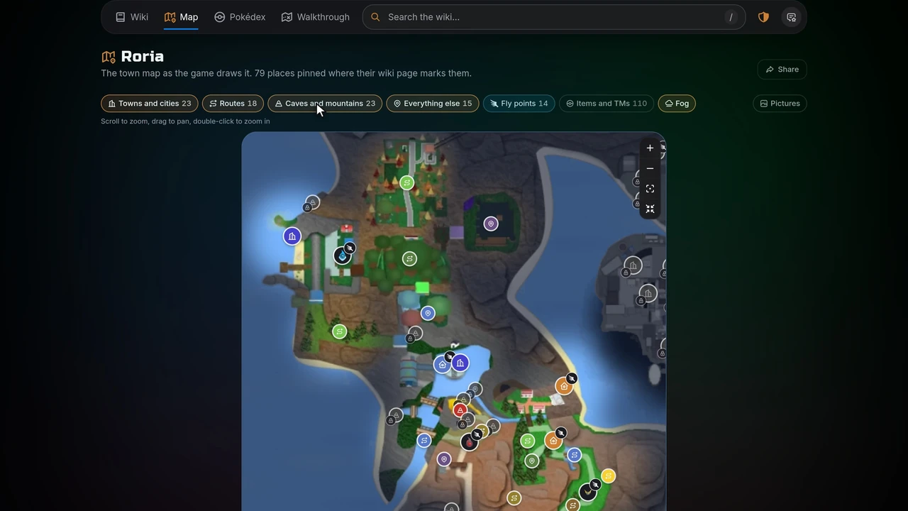 The map of Roria with towns, routes and fly points pinned