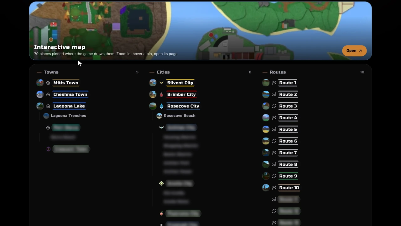The list of places on the wiki home, with the places past the reader's chapter blurred