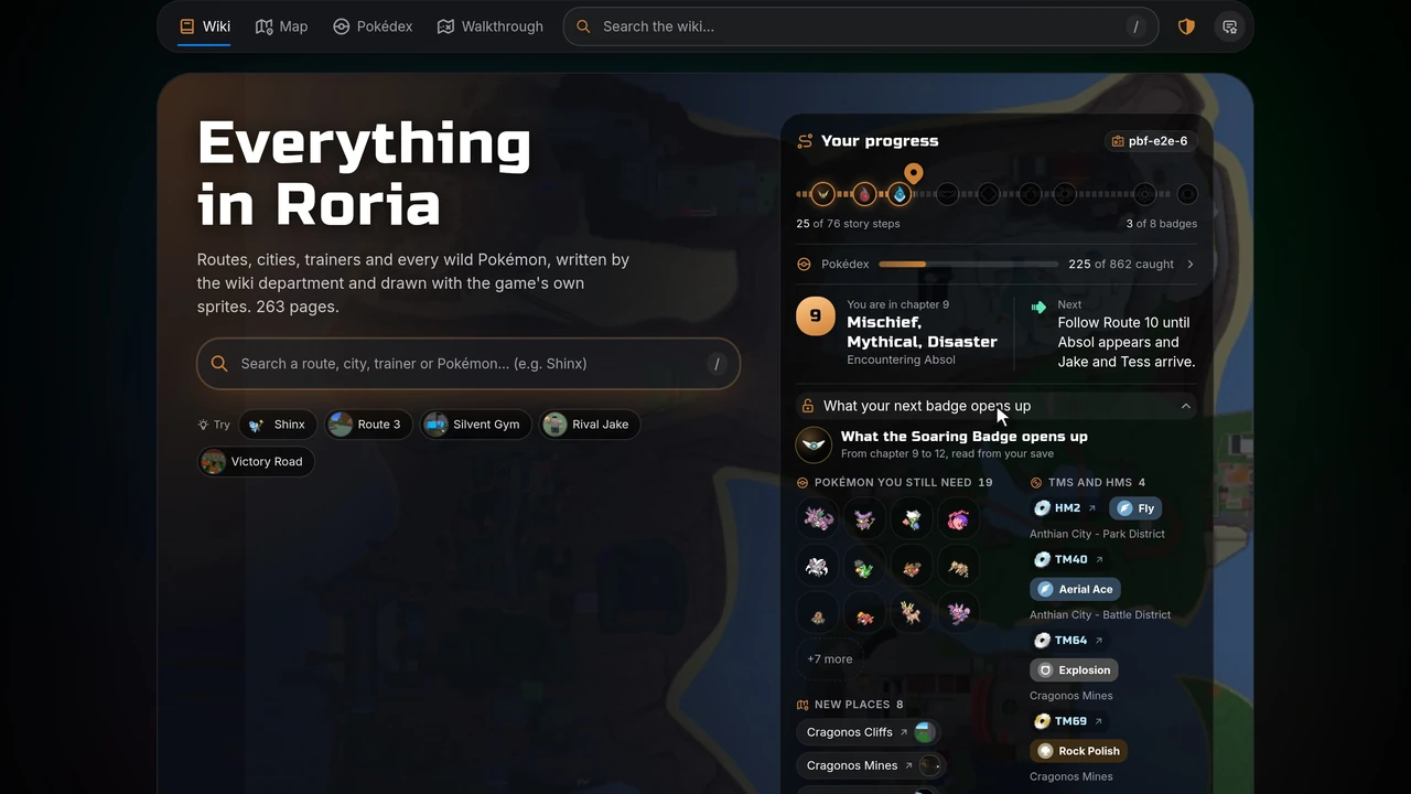 The progress panel on the wiki home, with the chapter, the next step and what the next badge opens up